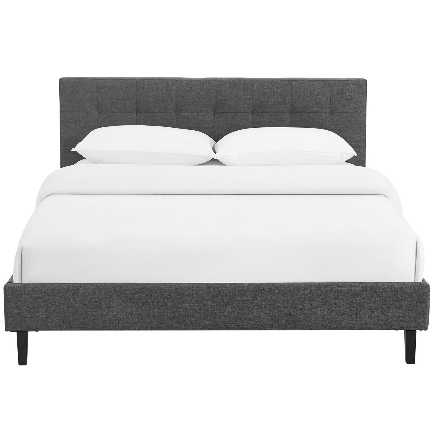 Gray upholstered platform bed with a tufted headboard and white bedding