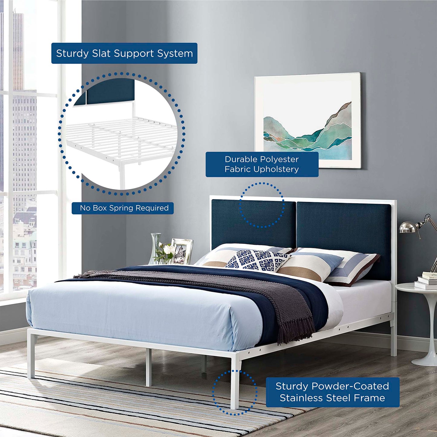 Modway Outlet Della Fabric King Bed by Modway  Bedroom Furniture White Azure - MOD-5463-WHI-AZU