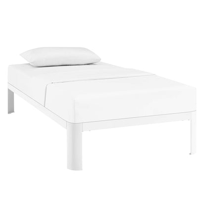 White twin platform bed frame with square legs; minimalist modern design.