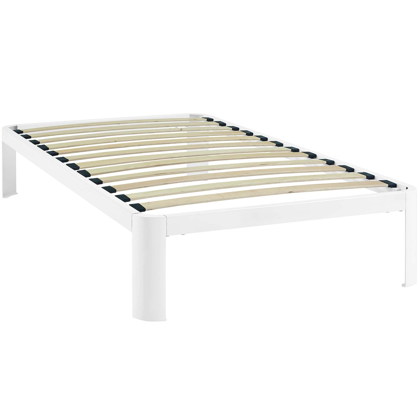 White platform bed frame with natural wood slats and black end caps; modern low-profile design.
