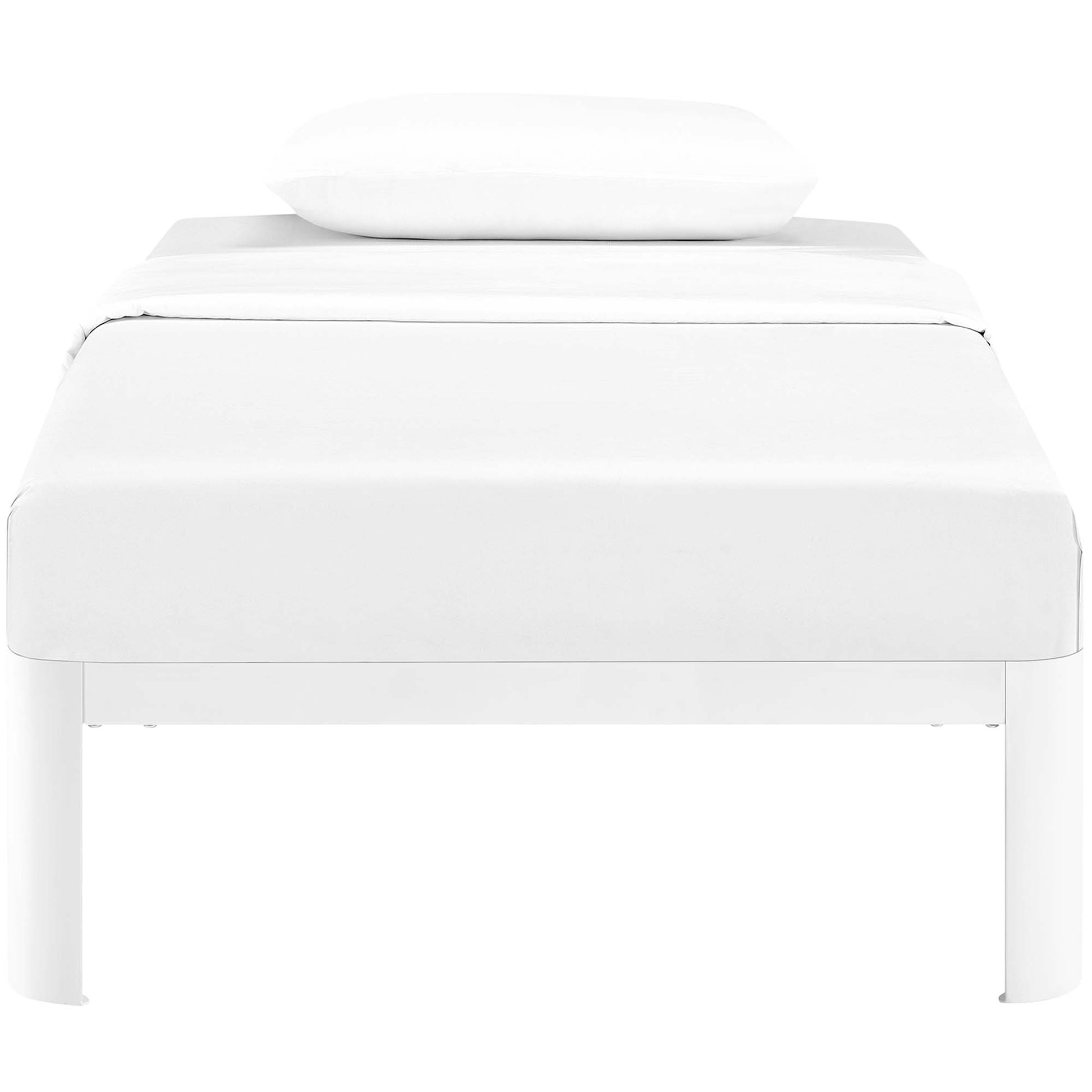 White twin bed frame in a clean, minimalist modern bedroom setting.
