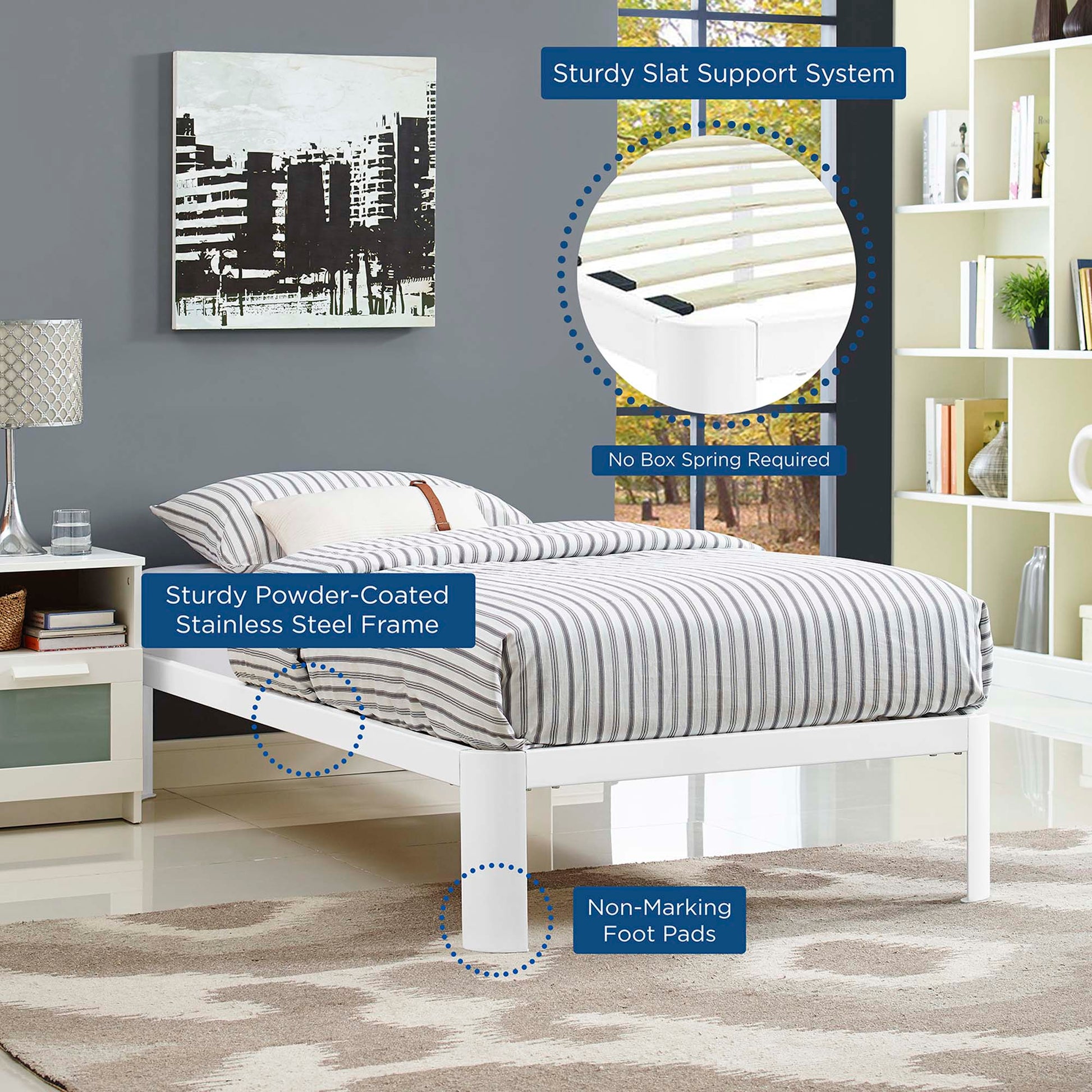 White platform bed with powder-coated stainless steel frame, slat support, striped gray-and-white bedding, non-marking feet.