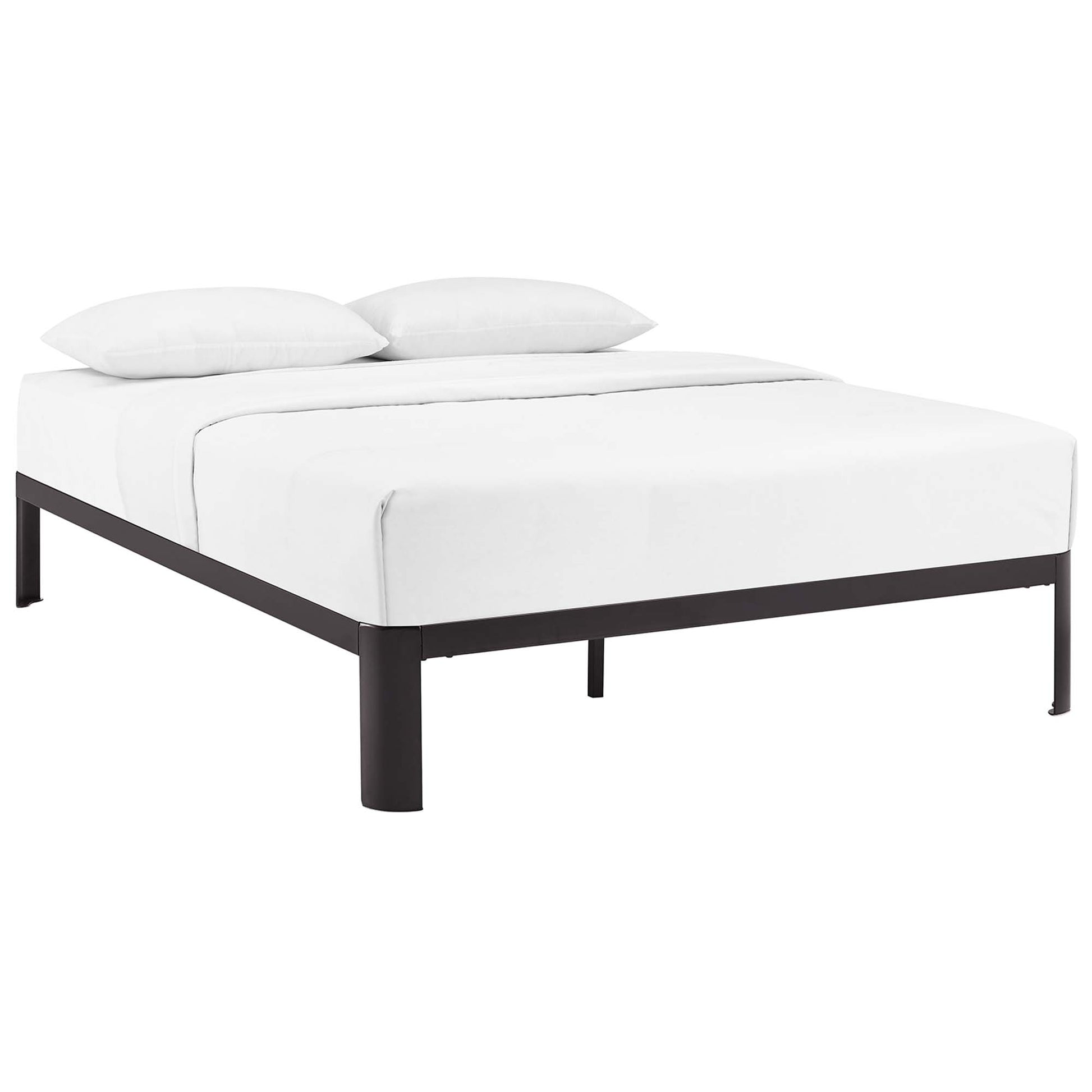 Minimalist platform bed frame in dark brown metal.