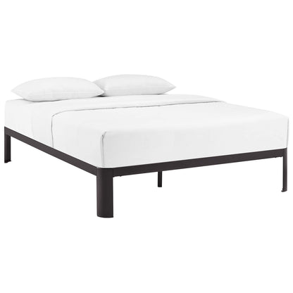 Minimalist platform bed frame in dark brown metal.