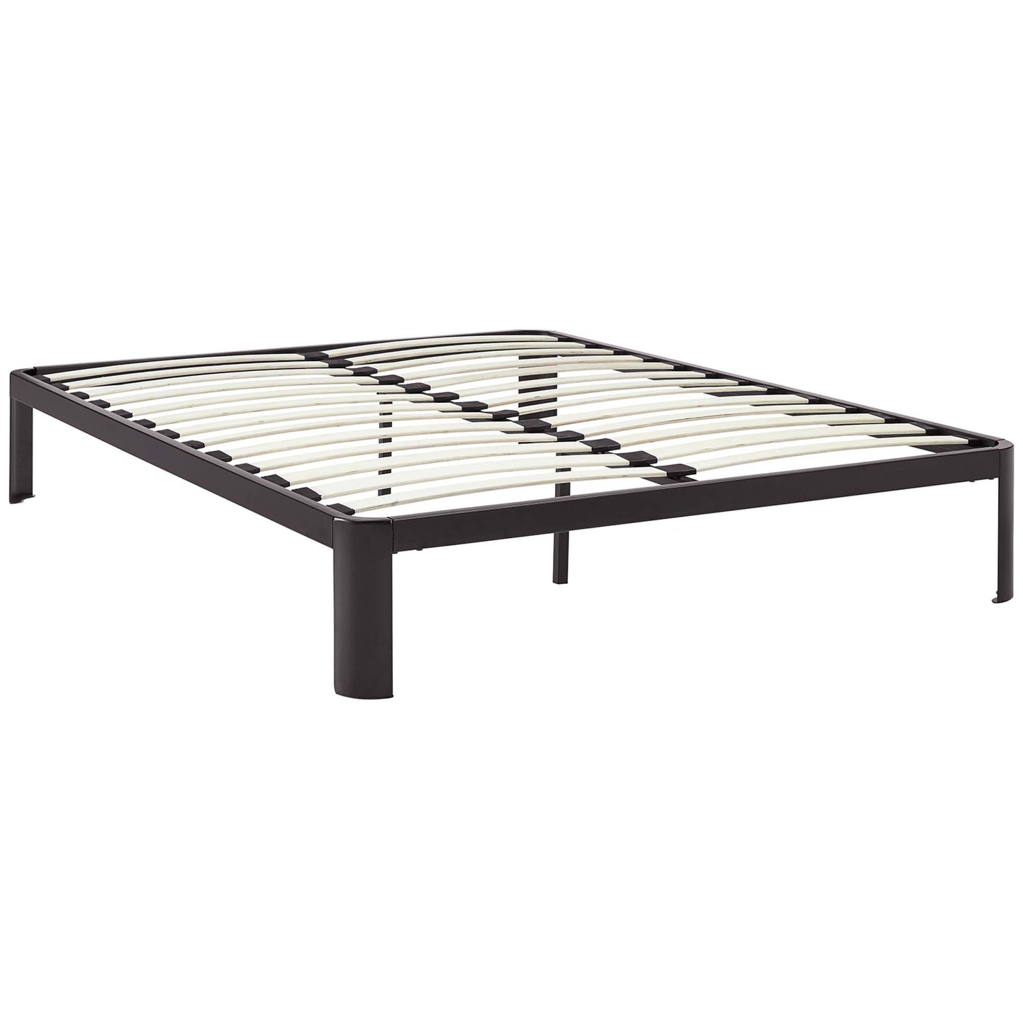 Brown metal platform bed frame with white curved slats, low-profile design, no headboard.