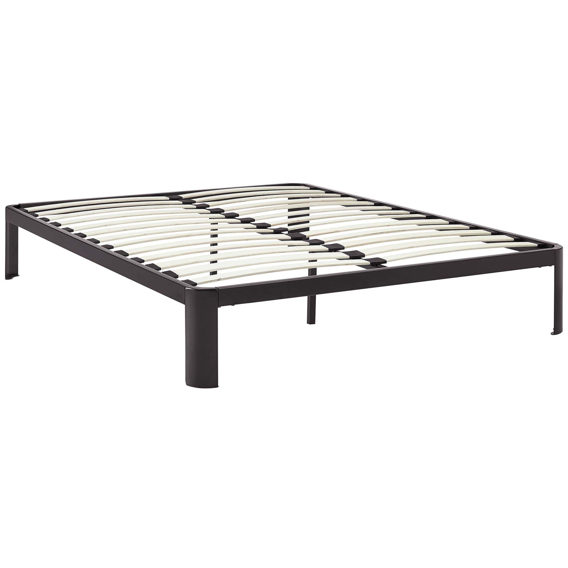 Brown metal platform bed frame with white curved slats, low-profile design, no headboard.