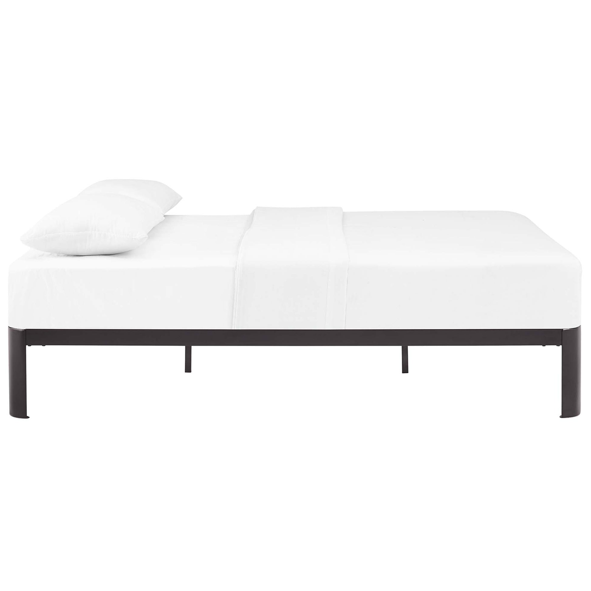 Brown metal platform bed frame with white mattress and two white pillows, low-profile modern design.