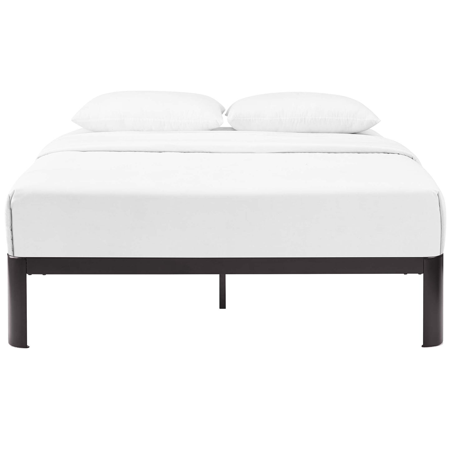 White bedding on a dark brown metal platform bed with two white pillows; minimalist modern design.