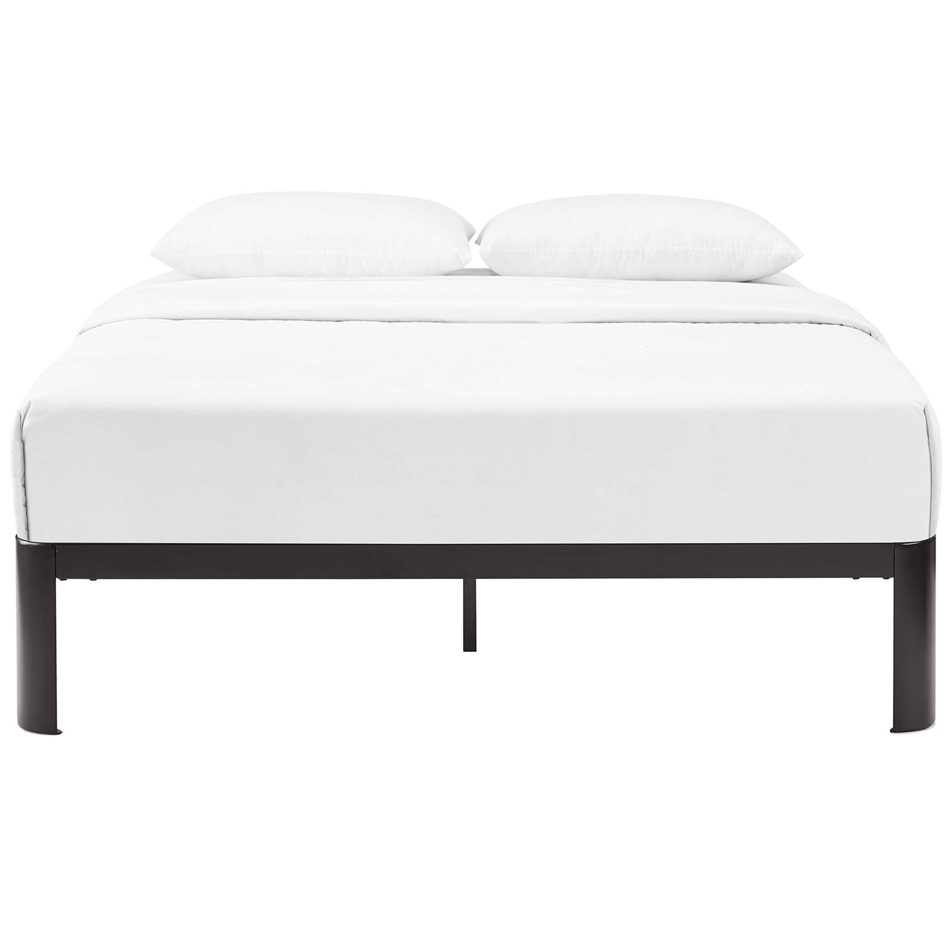 White bedding on a dark brown metal platform bed with two white pillows; minimalist modern design.