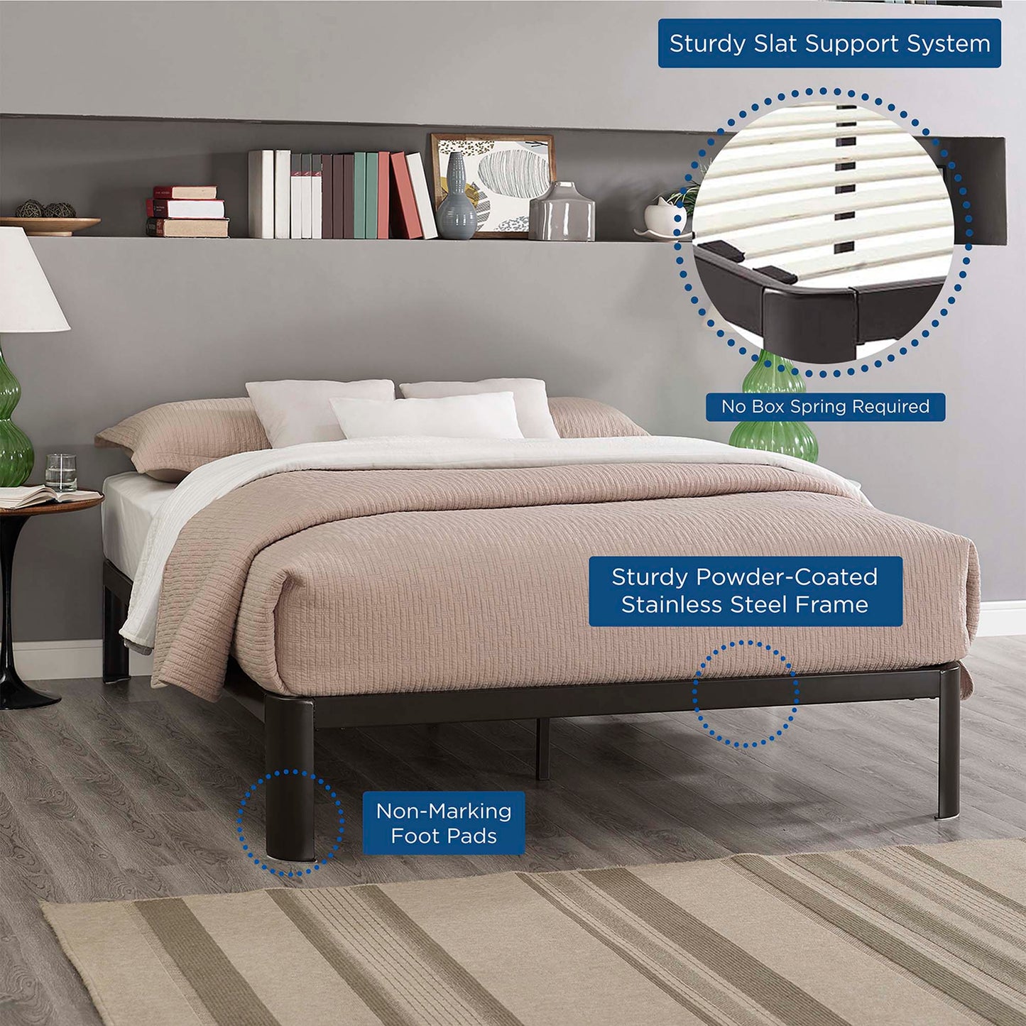 Modern brown full bed frame with dark powder-coated steel; slat support, no box spring.
