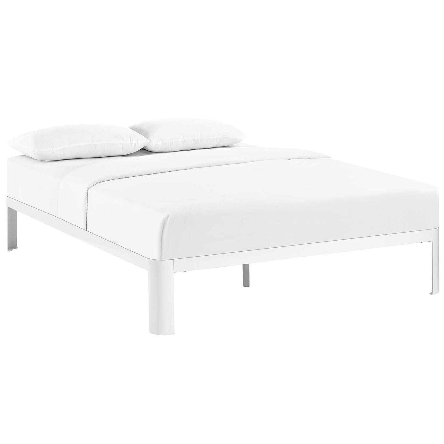 White full bed frame with slim metal legs, minimalist modern design.