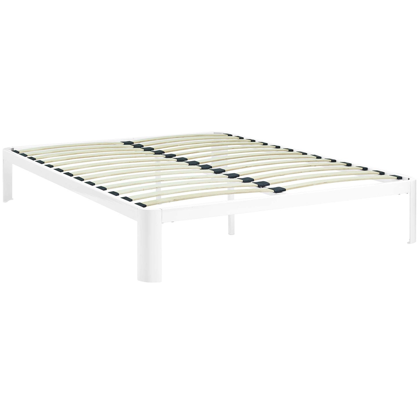 White metal bed frame with natural wood slats and black connectors, a low-profile platform design.