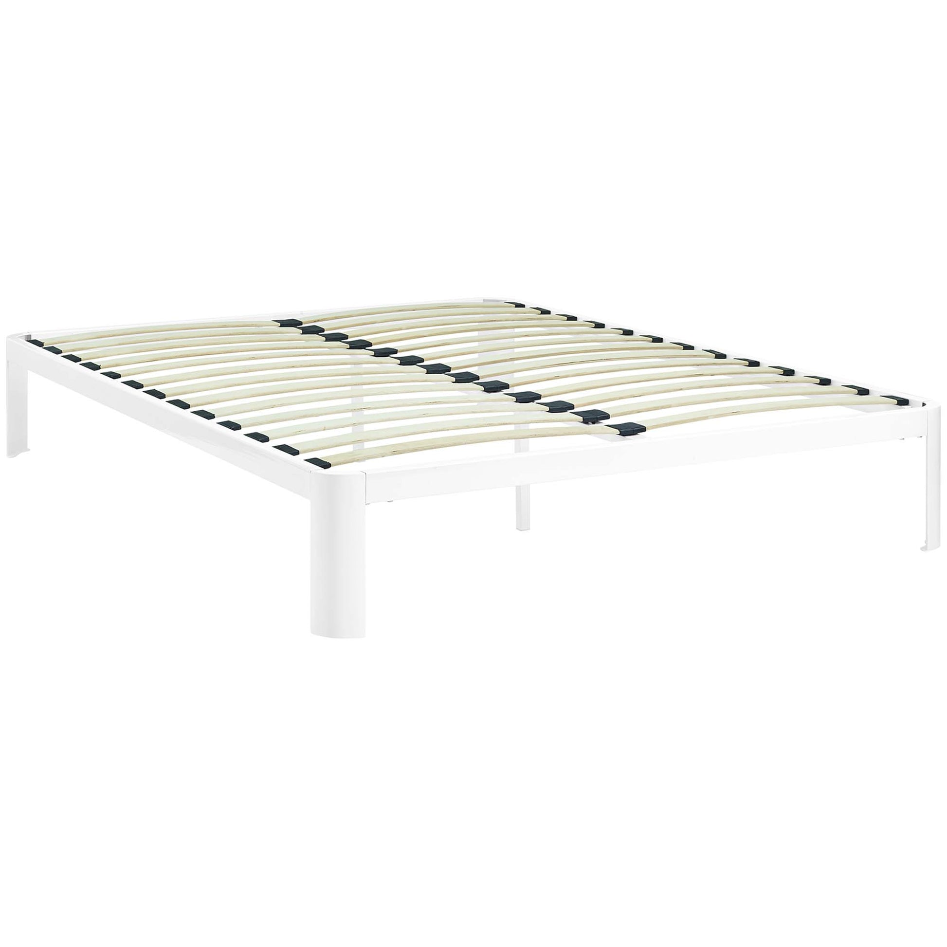 White metal bed frame with natural wood slats and black connectors, a low-profile platform design.