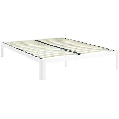 White metal bed frame with natural wood slats and black connectors, a low-profile platform design.