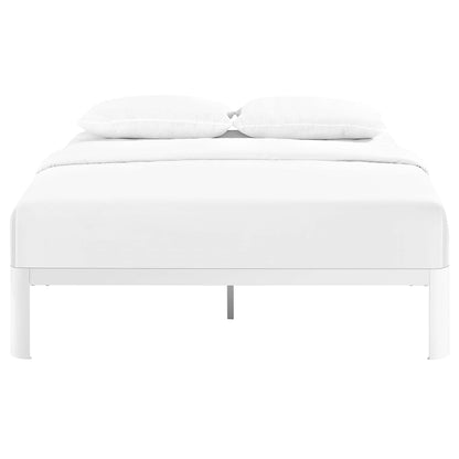 White full-size platform bed frame with rounded edges and a low-profile design.