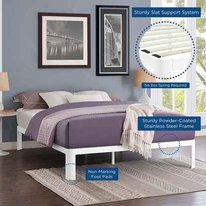 White powder-coated stainless steel full bed frame with sturdy slat support, no box spring; purple bedding in modern bedroom.