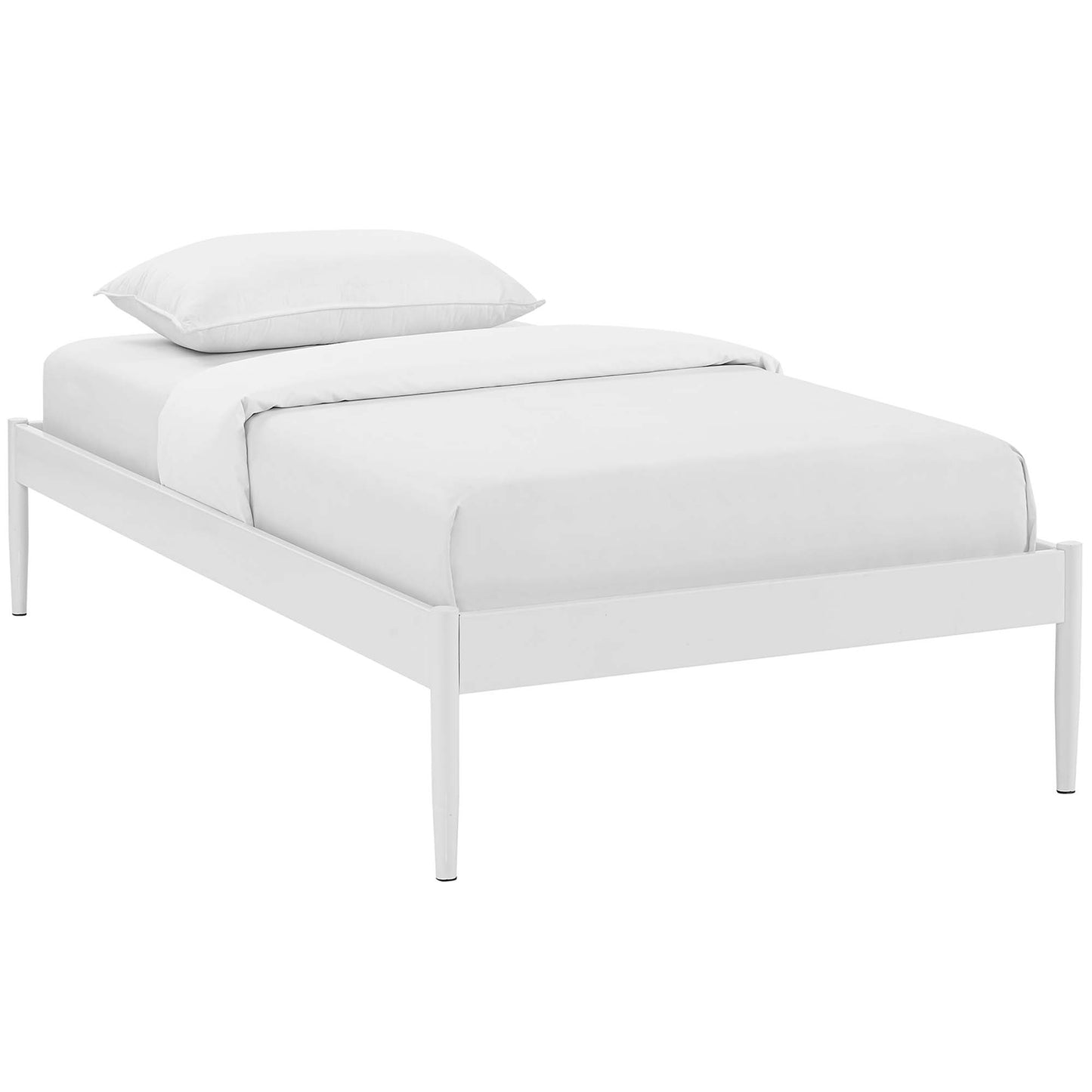 White twin bed frame with slim tapered legs and white bedding.