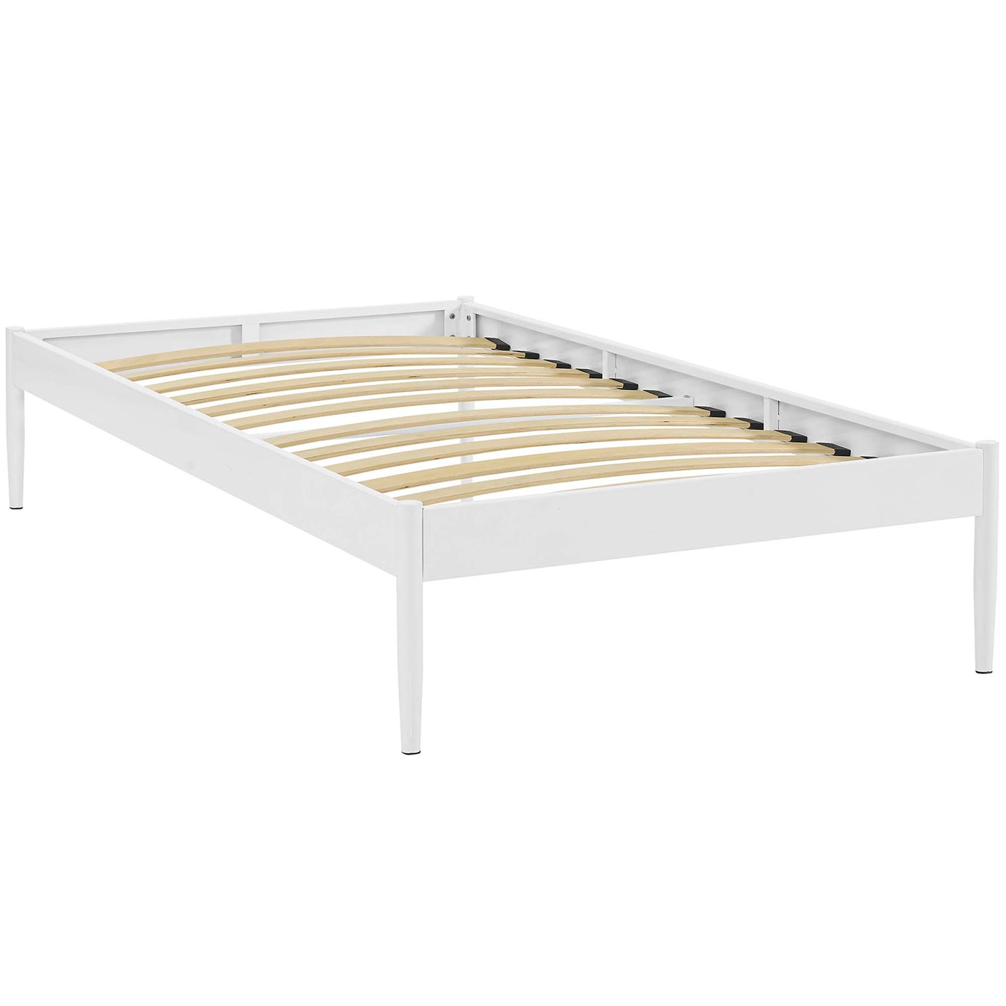 White wooden platform twin bed frame with natural curved slats, low-profile design & tapered legs.