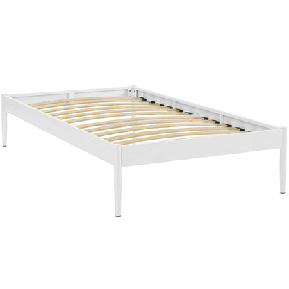 White wooden platform twin bed frame with natural curved slats, low-profile design & tapered legs.