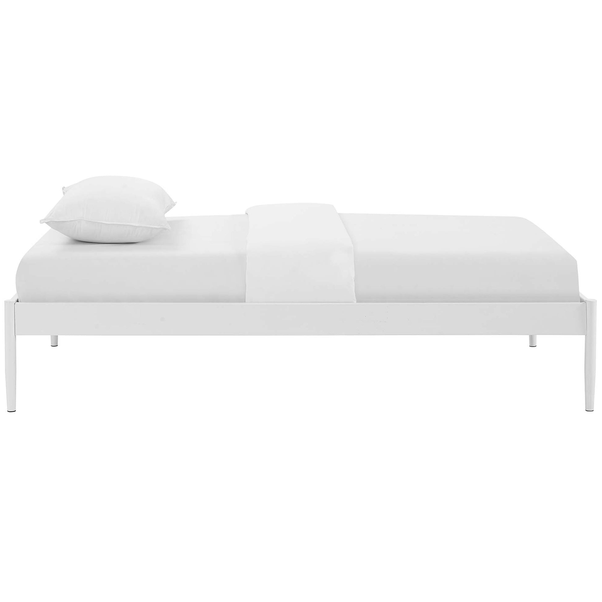 White metal twin bed frame in a minimalist contemporary bedroom setup.