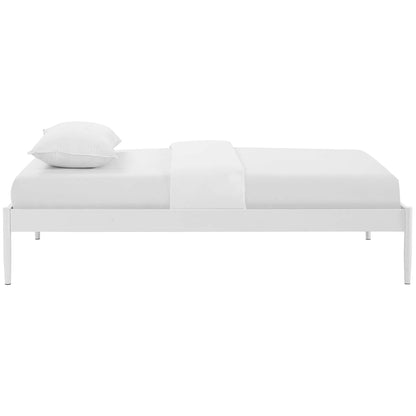 White metal twin bed frame in a minimalist contemporary bedroom setup.