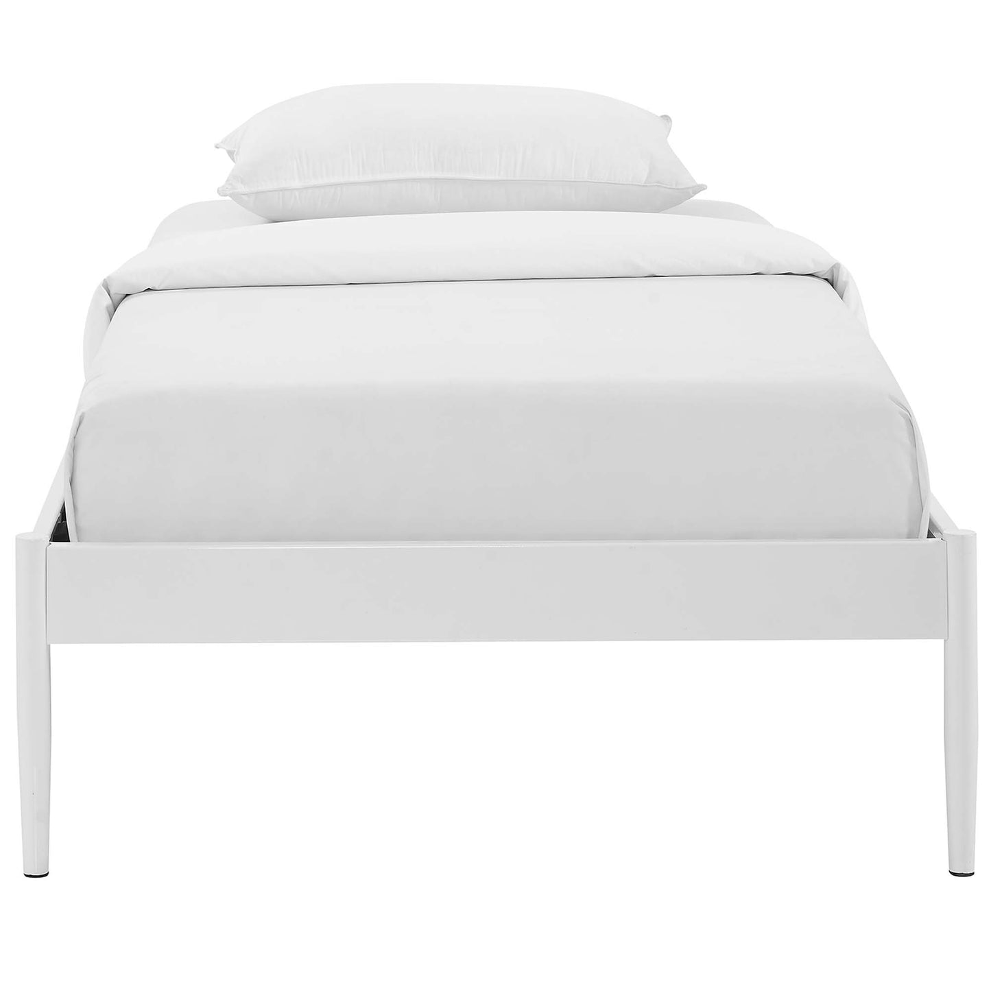 White platform bed with clean lines, white bedding and two pillows on a minimalist frame.