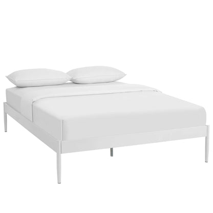 White metal platform bed frame with slim legs; minimalist full-size bed for a modern bedroom.