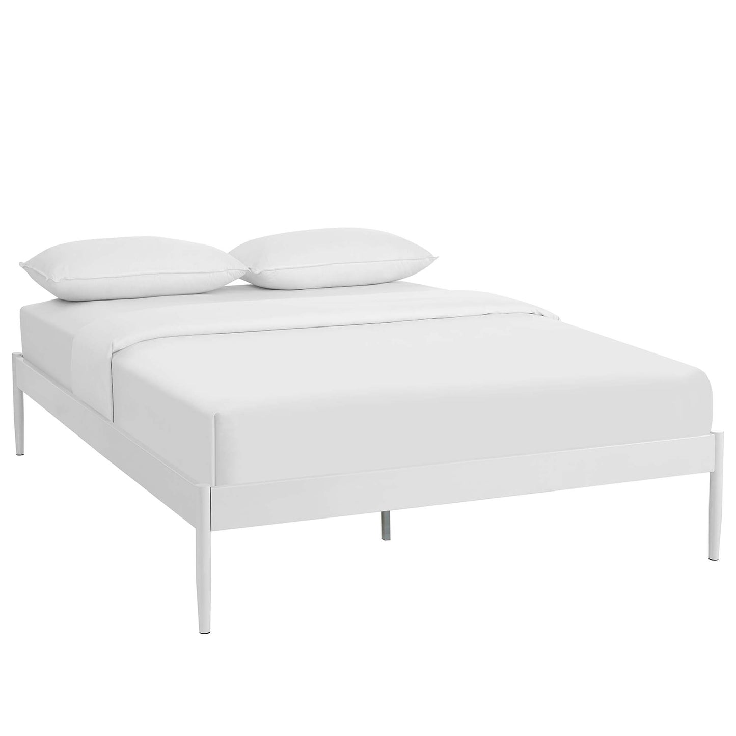 White minimalist platform queen bed frame with slim metal legs, crisp white sheets and two pillows.