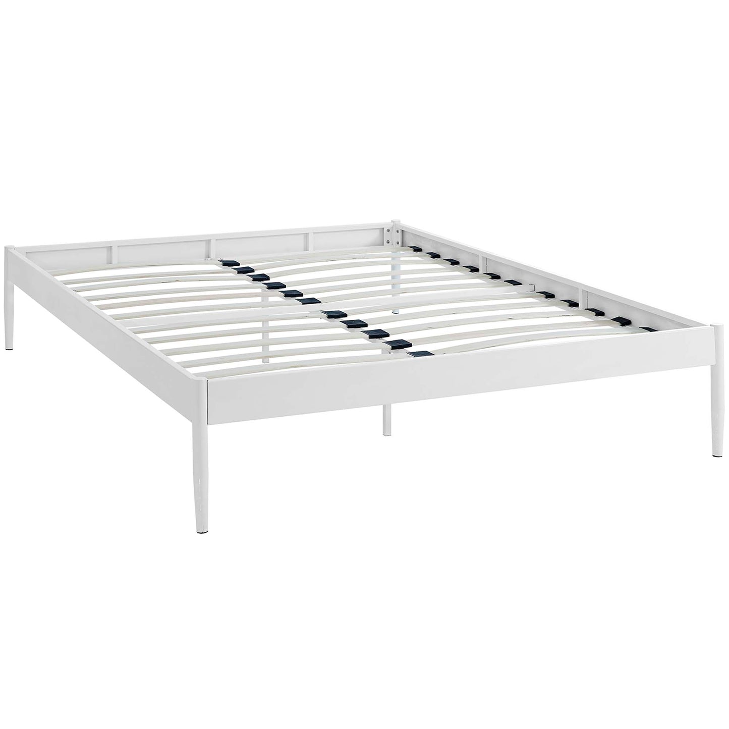 White metal platform bed frame with wooden slats and black spacers, simple rectangular design.