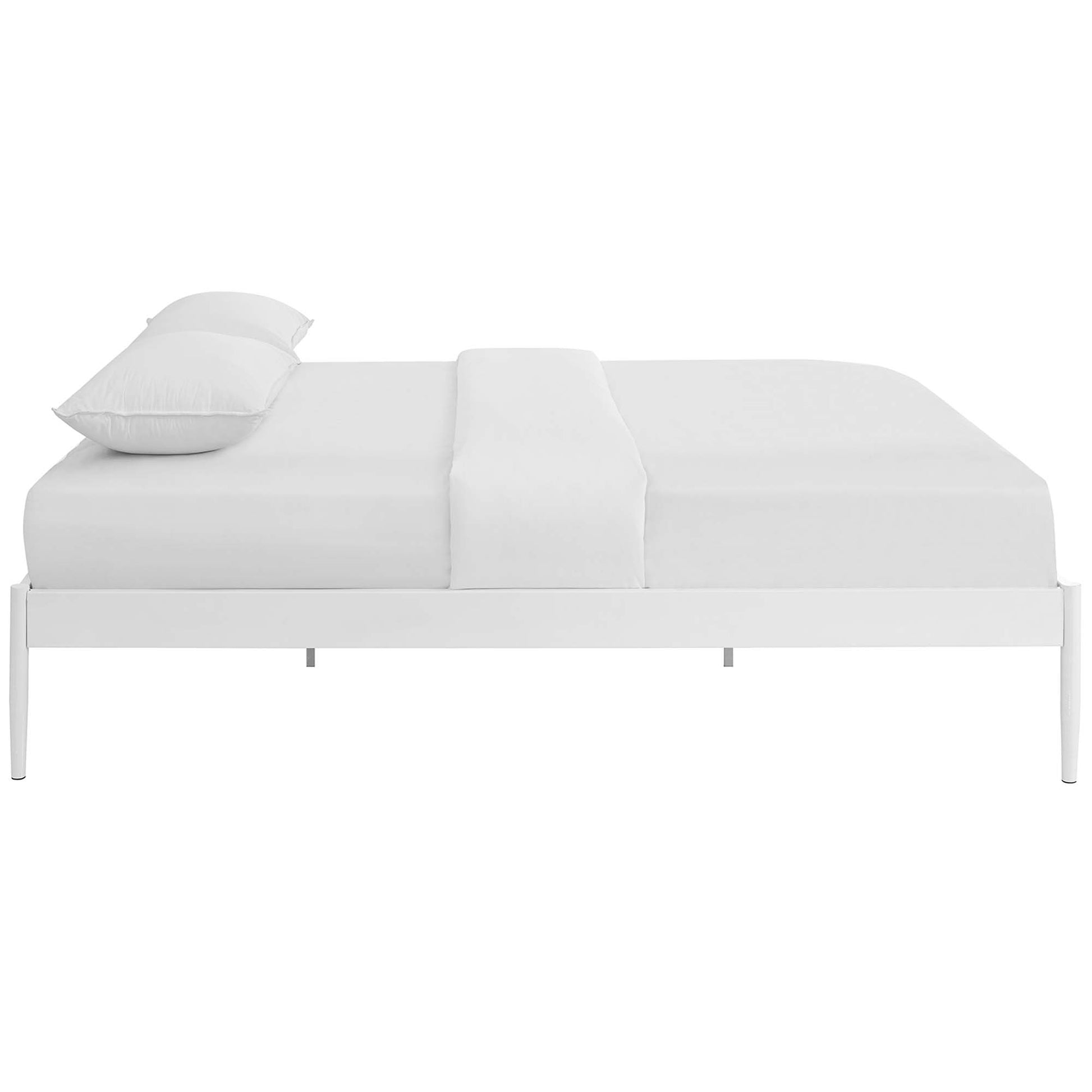 White platform bed with a slim metal frame, minimalist design, white bedding and two pillows on the left.