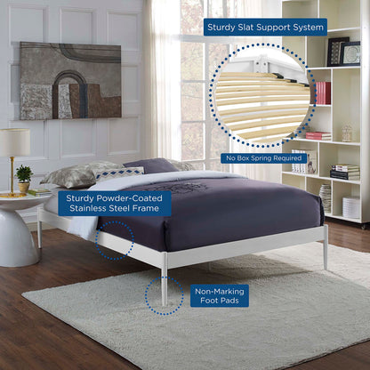 White powder-coated stainless steel bed frame with navy bedding; slat support system, no box spring, non-marking foot pads.