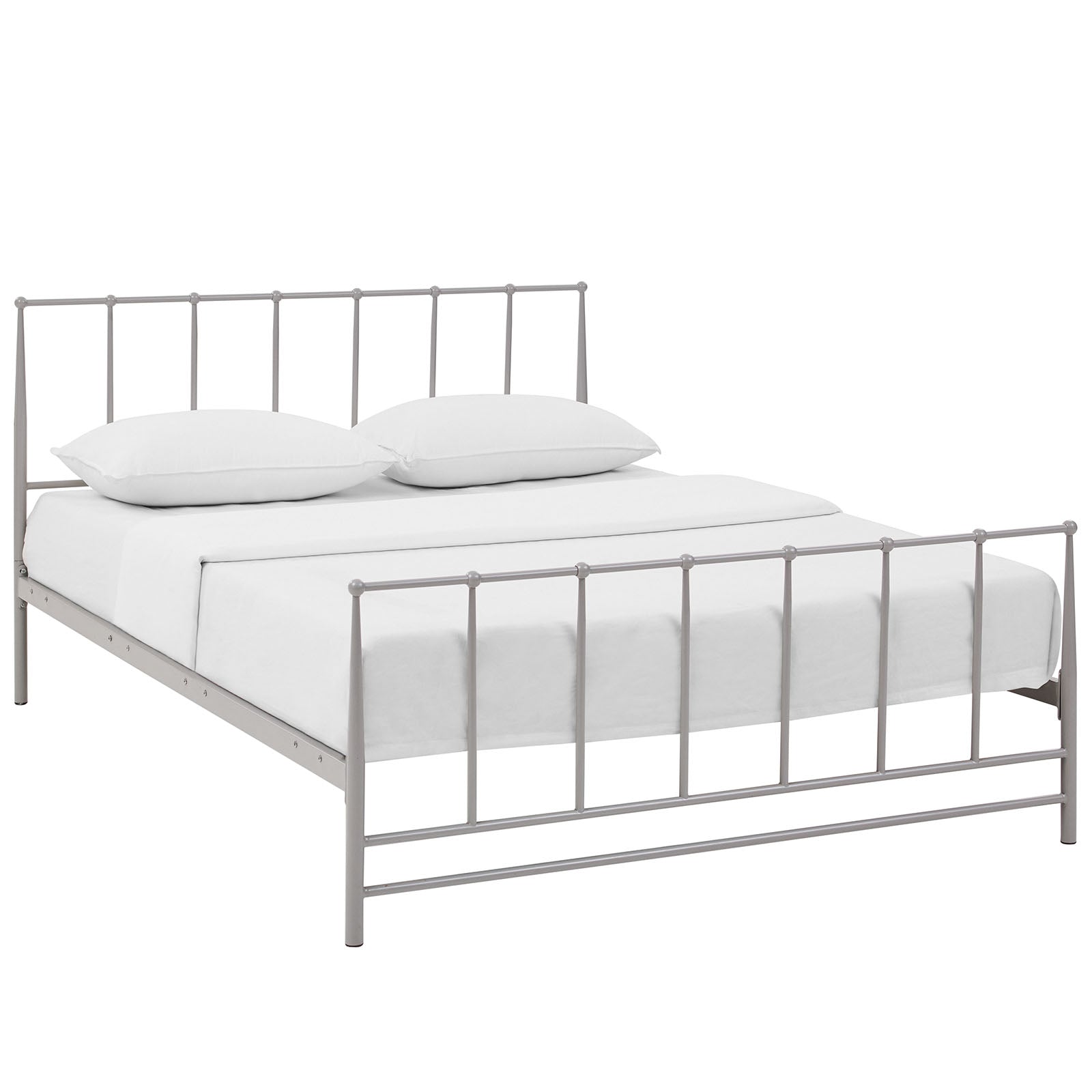 Grey metal bed frame with vertical bars and low footboard, dressed with white bedding and pillows.