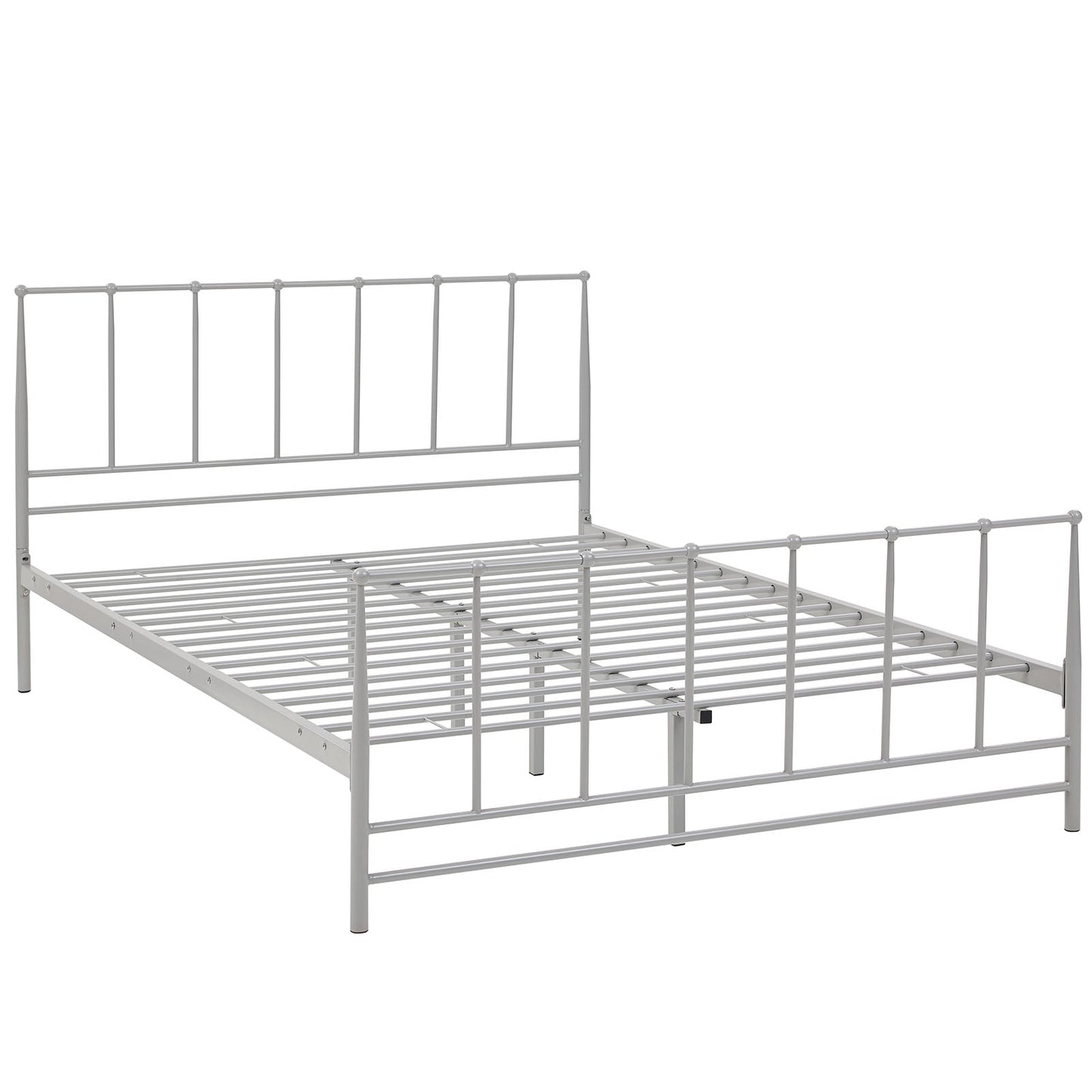 Grey metal bed frame with tall slat headboard, shorter slat footboard, and slatted base for a minimalist bedroom.