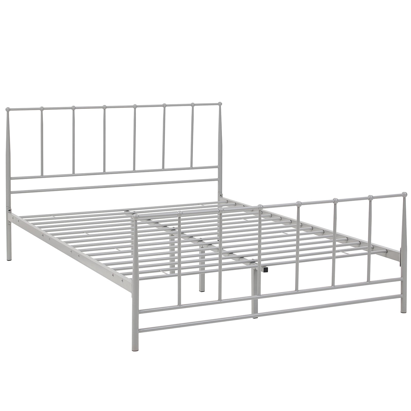 Grey metal bed frame with tall slat headboard, shorter slat footboard, and slatted base for a minimalist bedroom.