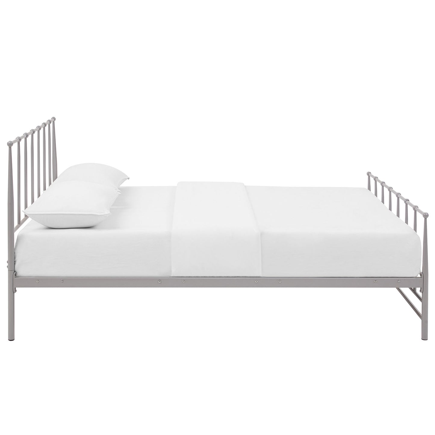 Gray metal king bed frame with vertical bars on the headboard and footboard, plain white bedding and pillows