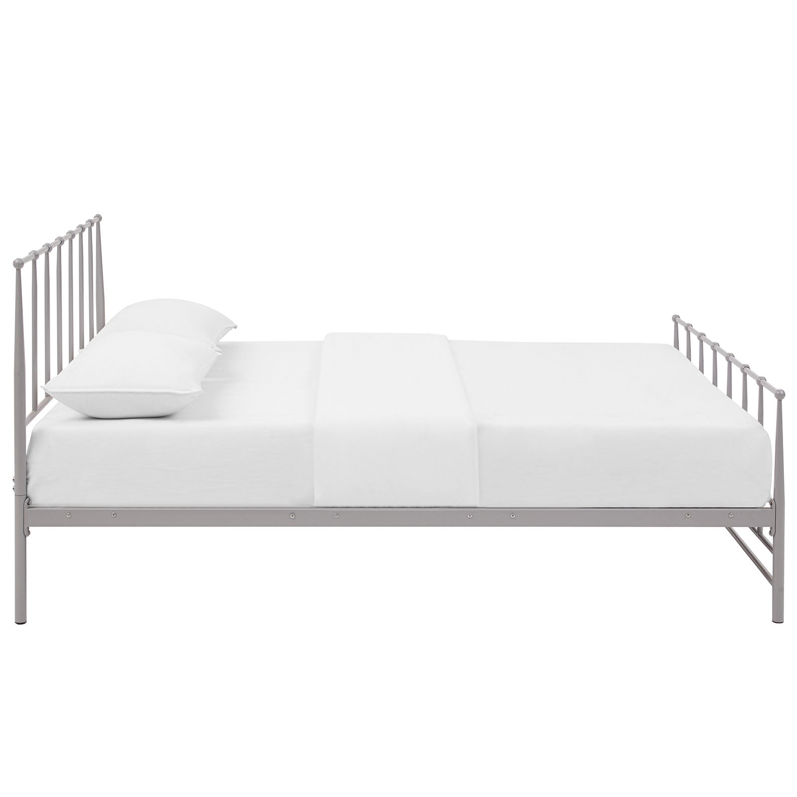 Gray metal king bed frame with vertical bars on the headboard and footboard, plain white bedding and pillows