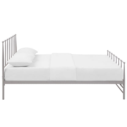 Gray metal king bed frame with vertical bars on the headboard and footboard, plain white bedding and pillows