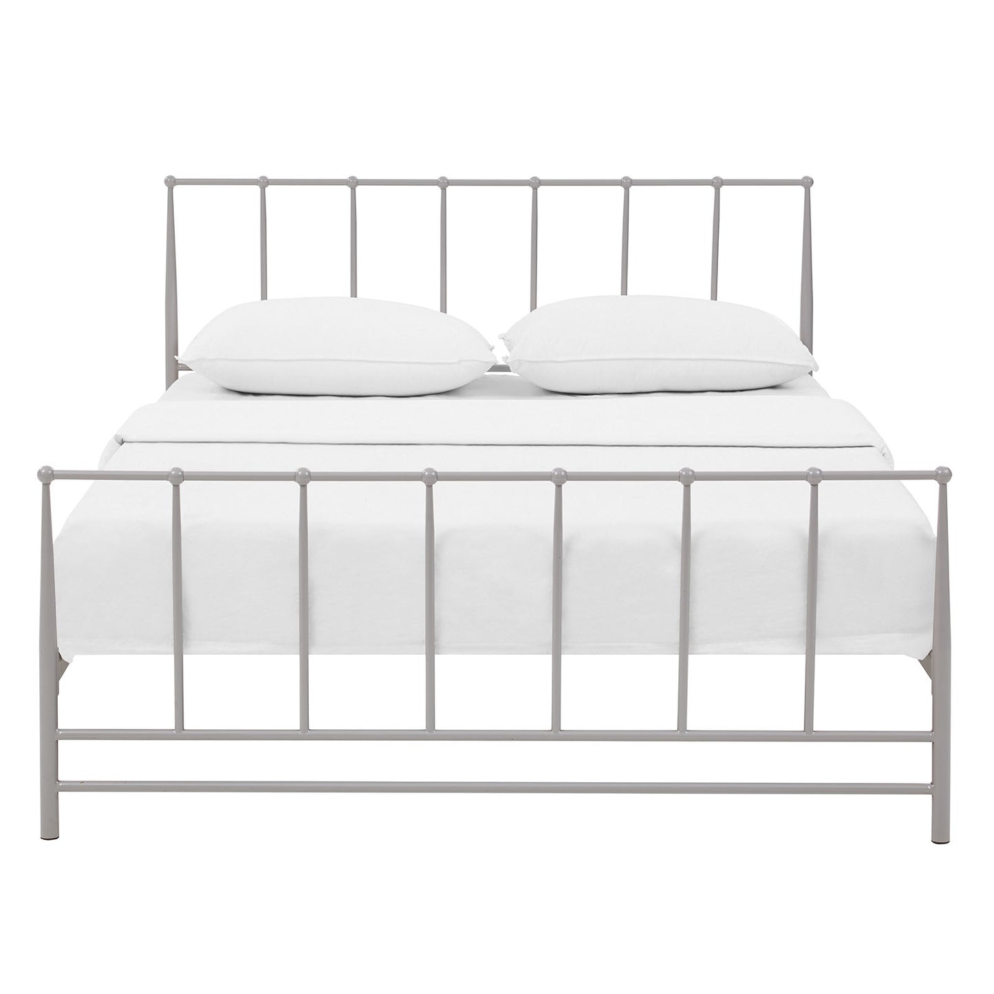 Gray metal king bed with vertical slats, simple industrial style, white sheets and two pillows.