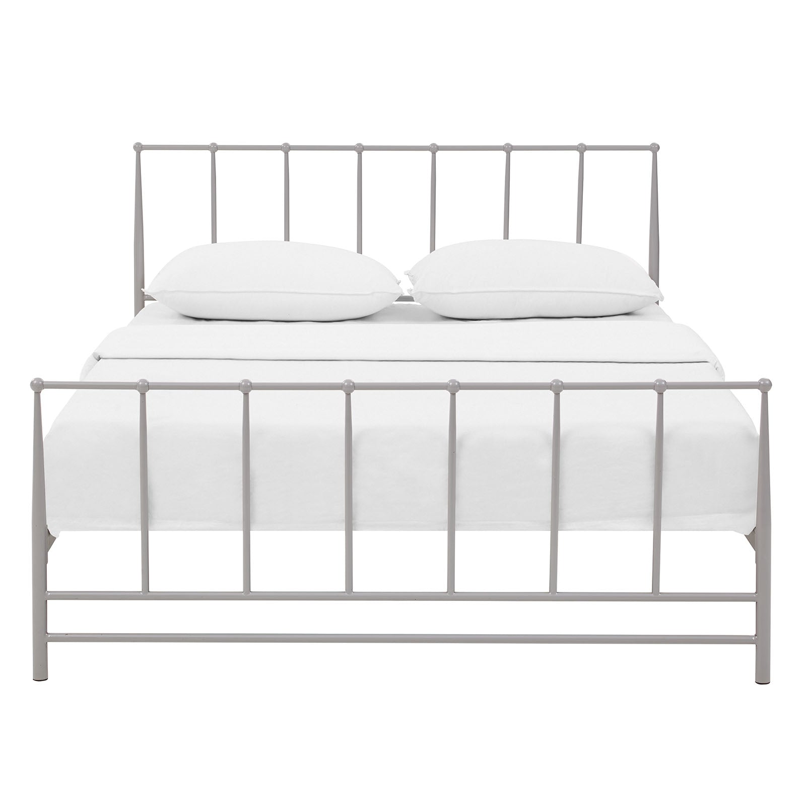 Gray metal king bed with vertical slats, simple industrial style, white sheets and two pillows.