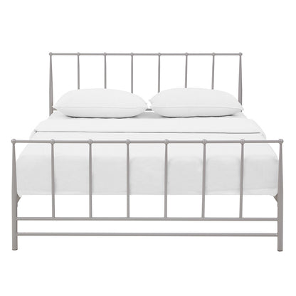 Gray metal king bed with vertical slats, simple industrial style, white sheets and two pillows.