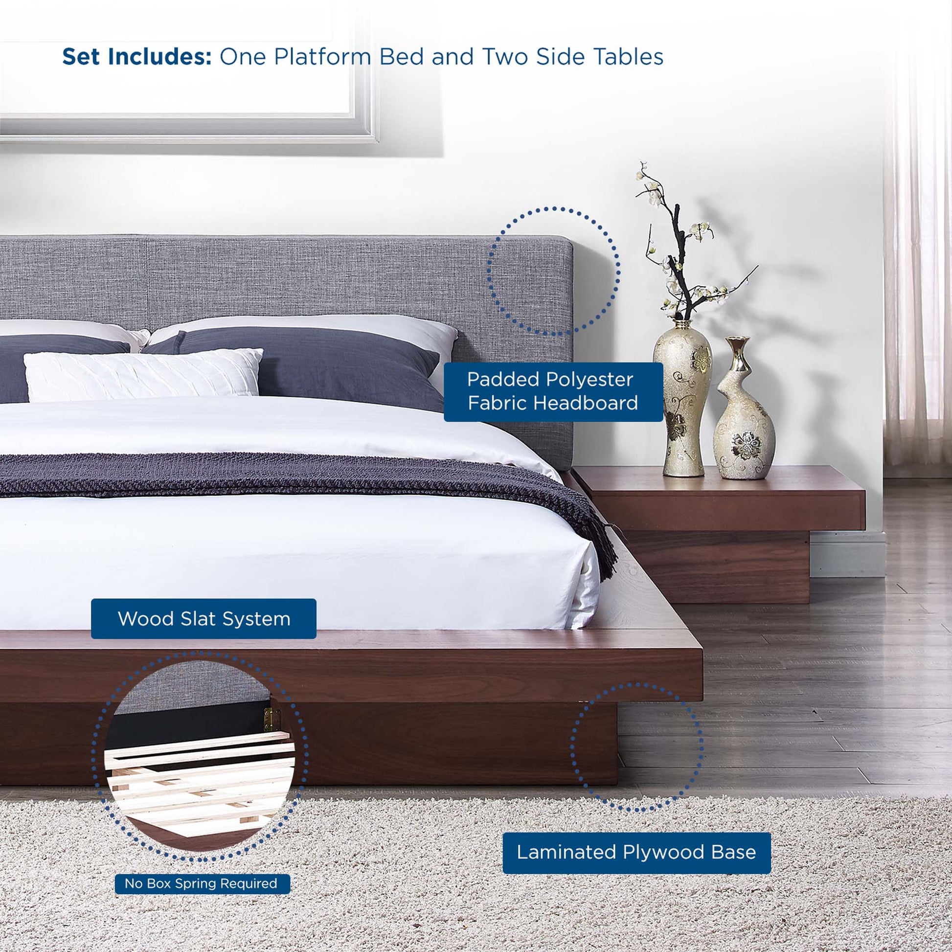Walnut-gray platform bed with padded gray fabric headboard, two nightstands, wood slat system and laminated plywood base.