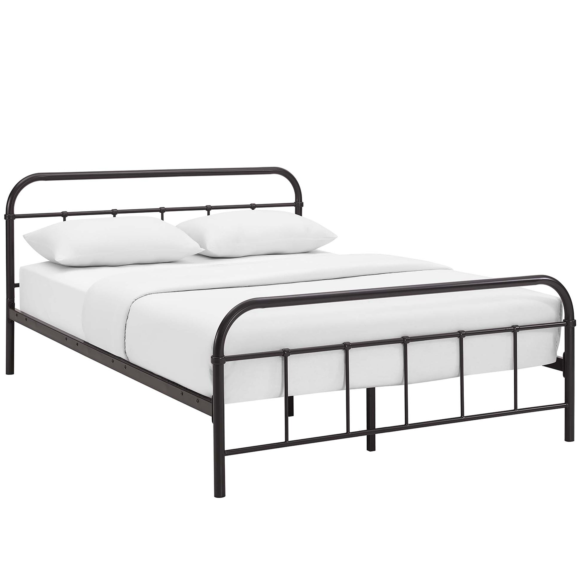 Stainless steel queen bed frame with rounded headboard and footboard, white bedding.