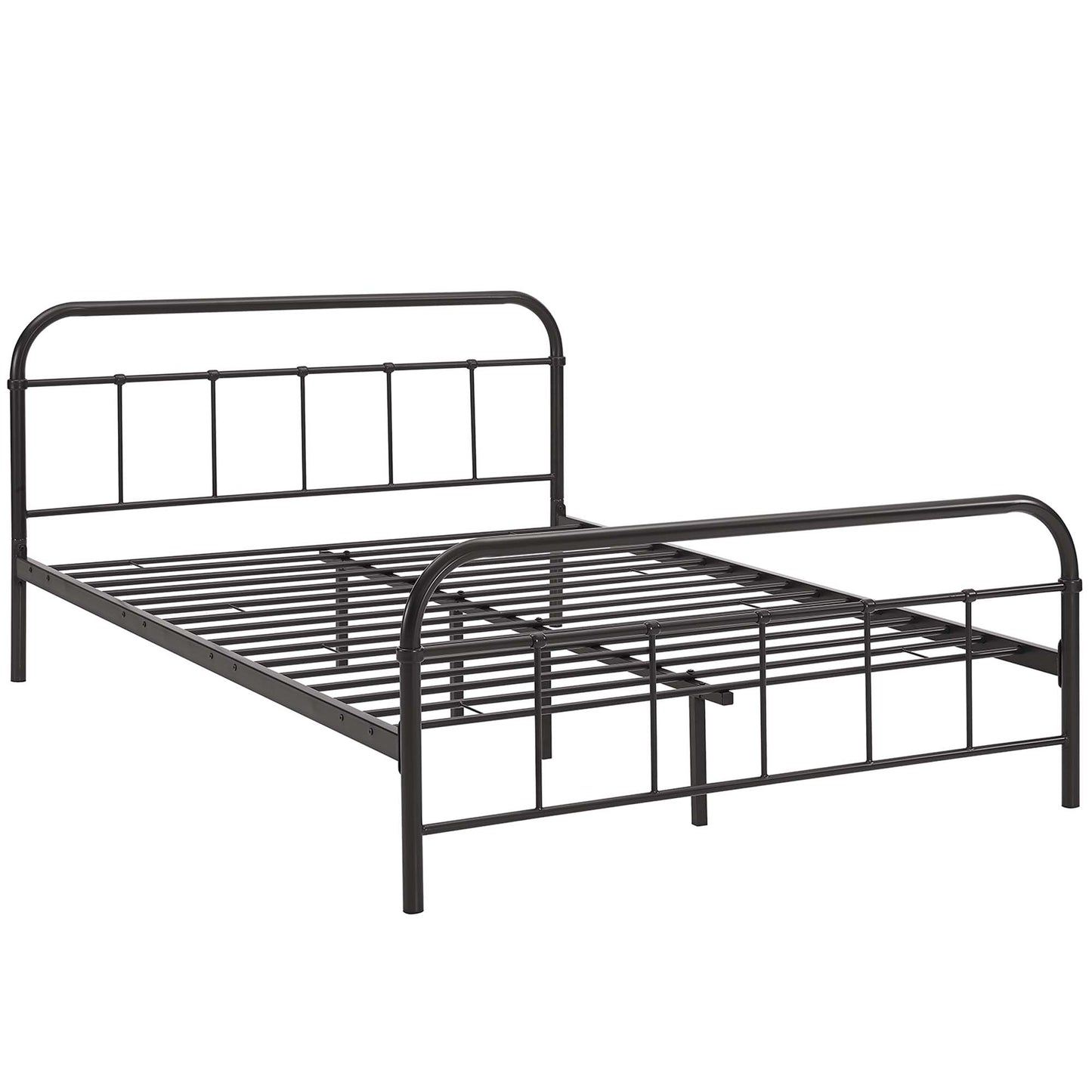 Brown stainless steel queen bed frame with curved headboard and footboard, vertical bars, and slatted mattress support.