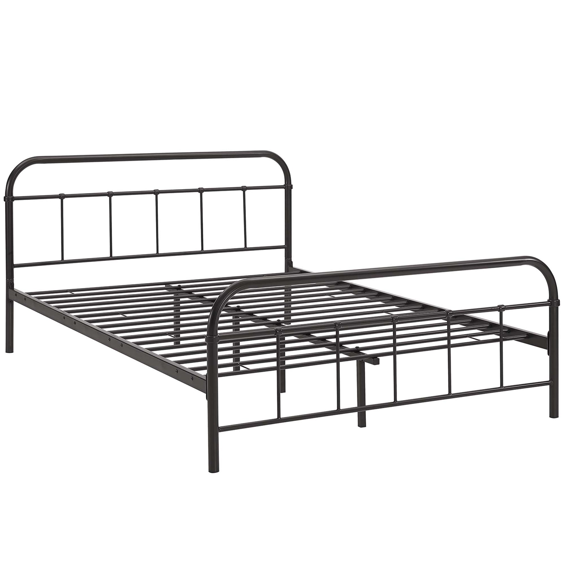 Brown stainless steel queen bed frame with curved headboard and footboard, vertical bars, and slatted mattress support.