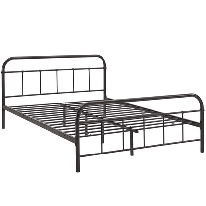 Brown stainless steel queen bed frame with curved headboard and footboard, vertical bars, and slatted mattress support.