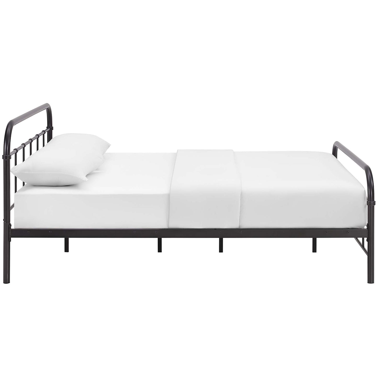 Stainless steel queen bed frame with rounded headboard and footboard, white mattress and pillow, in a modern industrial bedroom style.