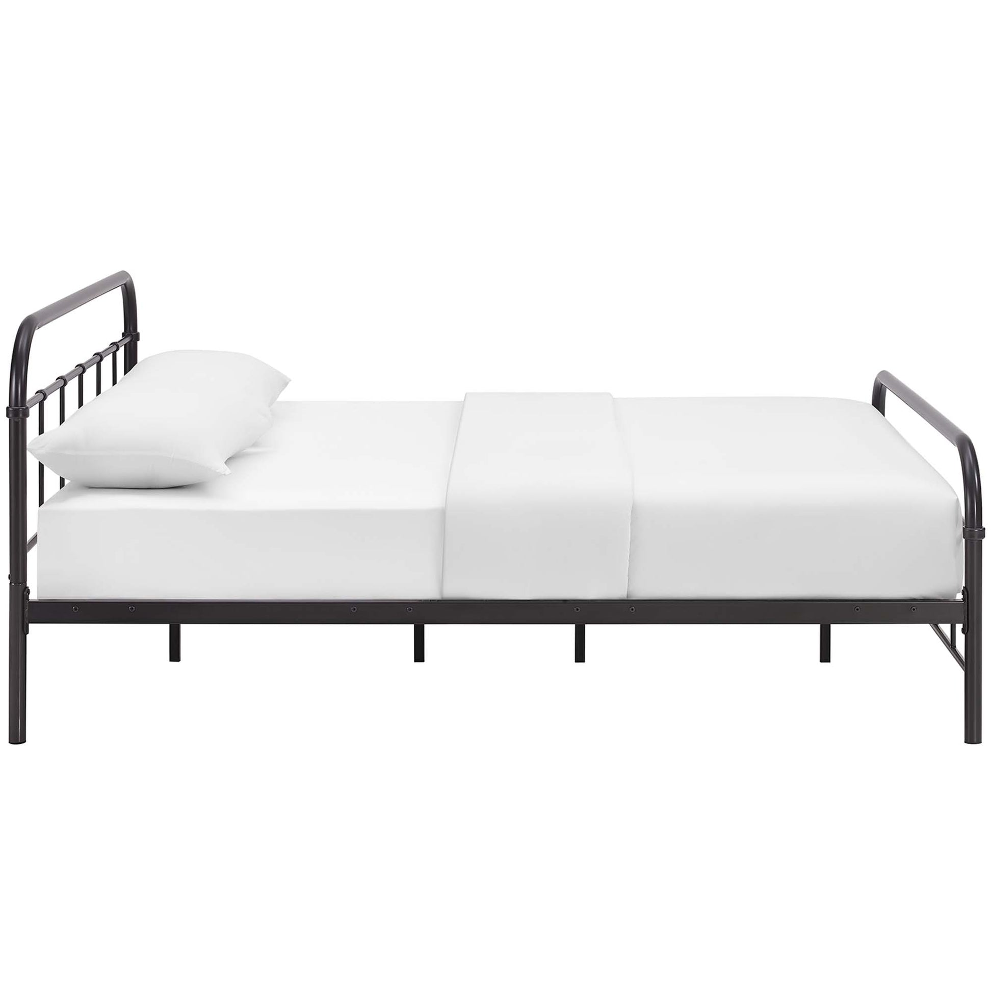 Stainless steel queen bed frame with rounded headboard and footboard, white mattress and pillow, in a modern industrial bedroom style.