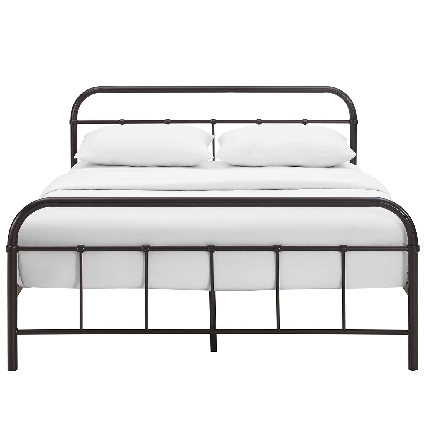 Brown metal bed frame with rounded headboard and footboard, white bedding and two pillows.