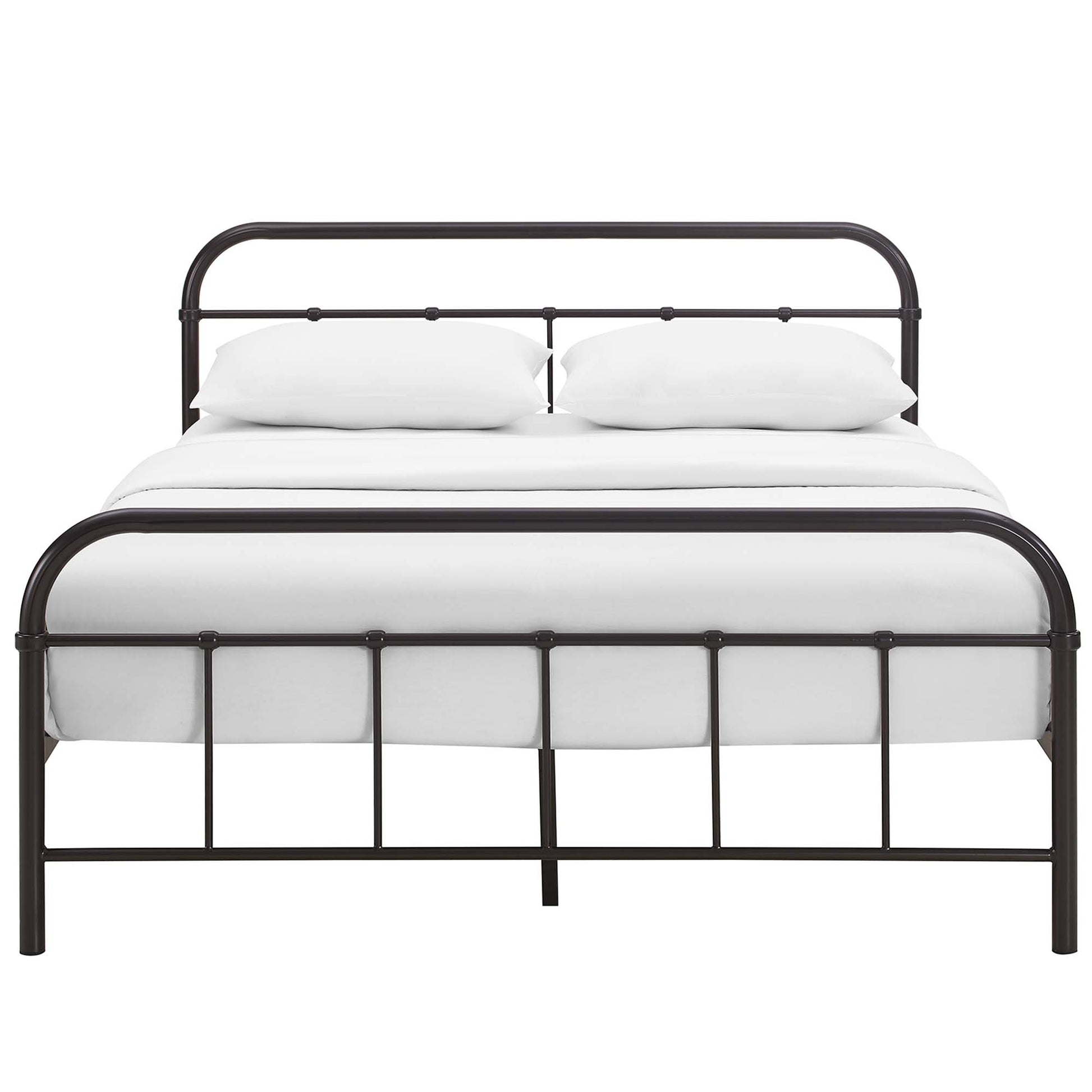 Brown metal bed frame with rounded headboard and footboard, white bedding and two pillows.