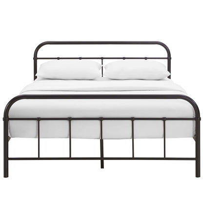 Brown metal bed frame with rounded headboard and footboard, white bedding and two pillows.